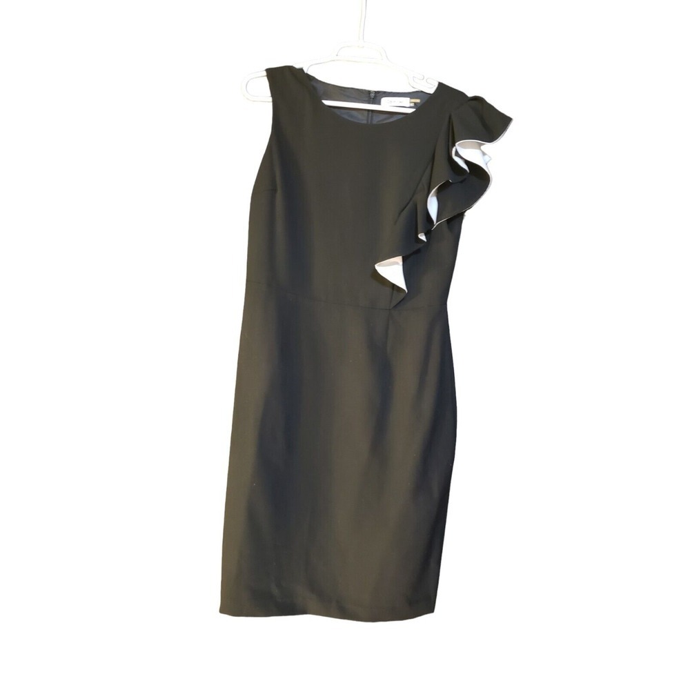 Calvin Klein Black & White Ruffle Shoulder Draped Sleeveless Sheath Dress Sz 10